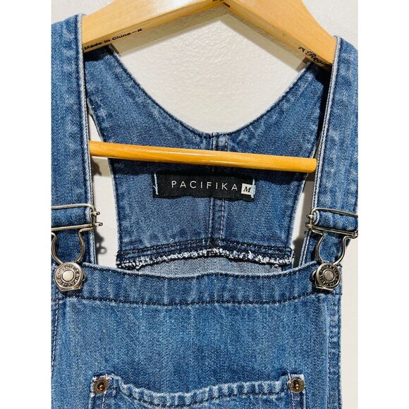 PacifiKa denim overalls romper jeans button fly pockets patched blue women's M - Picture 8 of 8